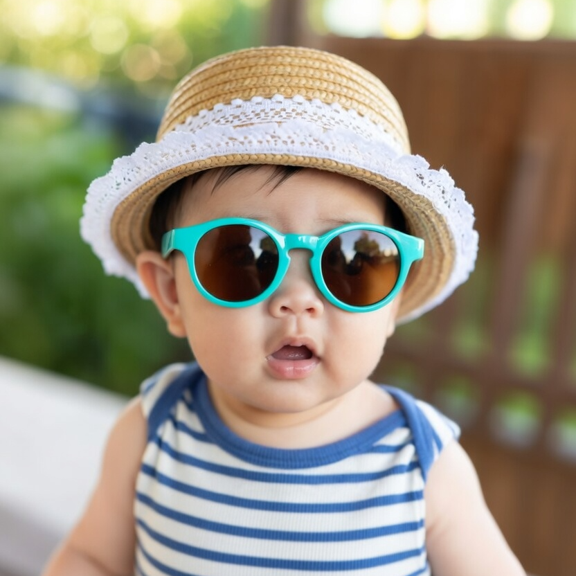 Soulager les coups de soleil chez le bébé et l'enfant. bébé portant des lunettes de soleil