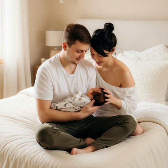 papa et maman avec leur bébé d'un mois